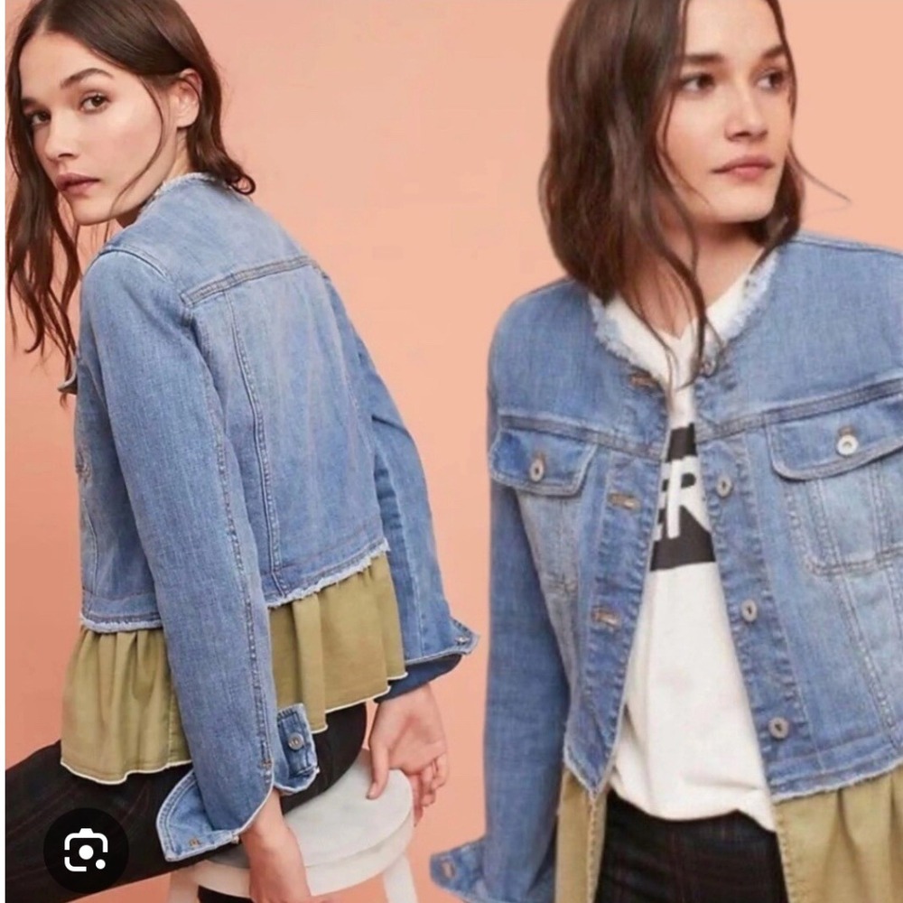 Pilcro and the Letterpress Small Denim Jacket Olive Green Ruffle Hem Womens